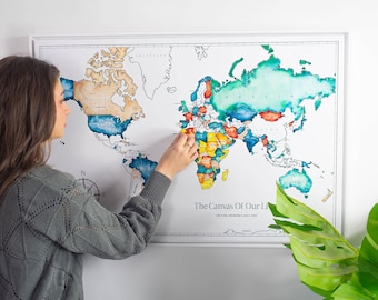 Paint Your Own Push Pin World Map - Coloring Map - DIY Blank Map Wall Art - Personalizable World Map