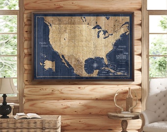 Push Pin USA Travel Map - Pin Board Canvas - Blue and Tan - Personalized Travel Gift