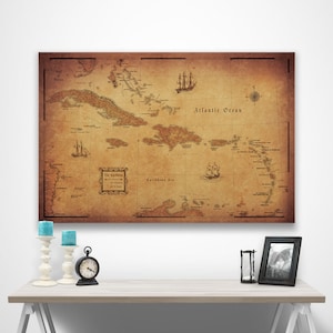 May include: A vintage-style map of the Caribbean islands with a brown background and a compass rose in the top right corner. The map shows the islands of Cuba, Hispaniola, Puerto Rico, and the Virgin Islands. The map also includes the text "The Caribbean" and "Atlantic Ocean".