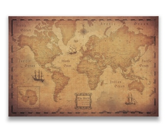 World Map Travel Pin Board - Antique Aged Cork Push Pin Canvas (Golden Aged Style)