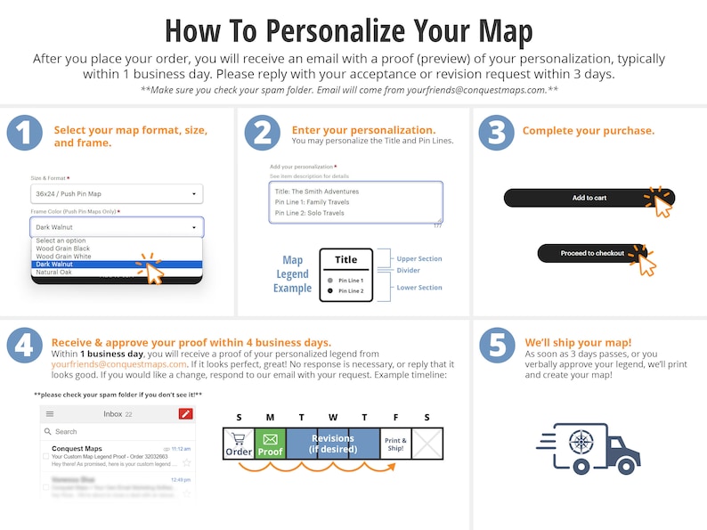 May include: A five-step guide on how to personalize a map. The steps include selecting a map format, size, and frame; entering personalization details; completing the purchase; receiving and approving a proof; and shipping the map. The guide includes a timeline for the process and a visual representation of each step.