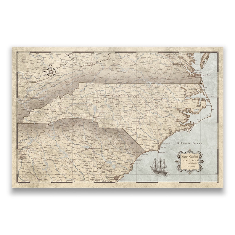 May include: A vintage-style map of North Carolina with a compass rose in the top left corner. The map is in shades of brown and beige with blue water features. The text "North Carolina" is in a decorative font in the bottom right corner.