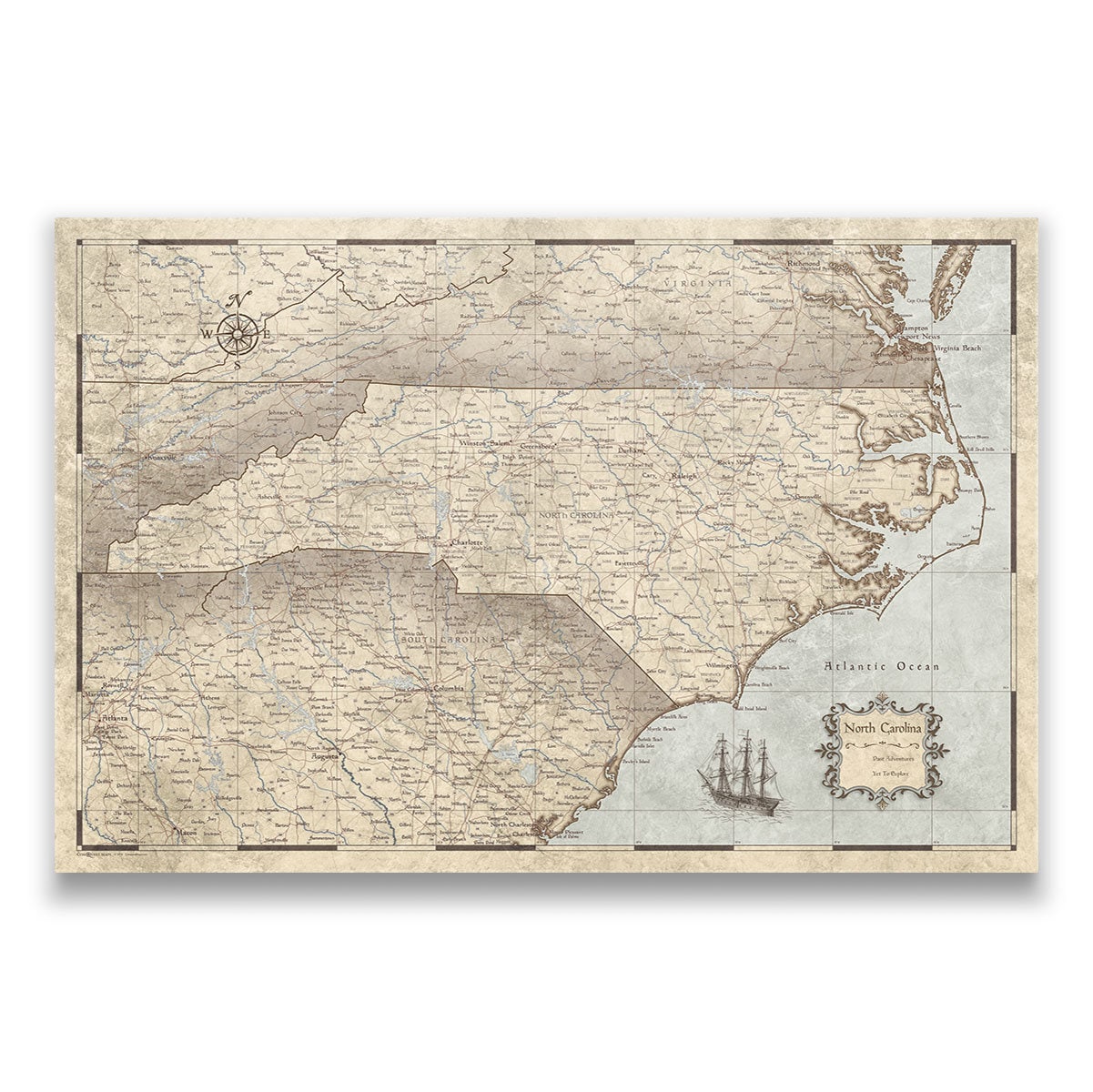 North Carolina Travel Push Pin State Map - Rustic Vintage Cork Pin Board Canvas (Rustic Vintage Style)
