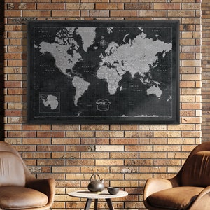 Prikbord wereldkaart reiskaart - modern leisteen, minimalistisch zwart en grijs - cadeau voor wereldreiziger - veroveringskaarten