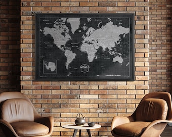 World Push Pin Travel Map Pin Board - Modern Slate Minimalist Black & Gray - Gift for World Traveler - Conquest Maps