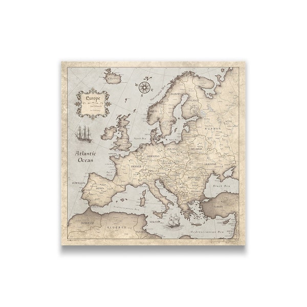 Europe Travel Push Pin State Map - Rustic Vintage Cork Pin Board Canvas (Rustic Vintage Style)