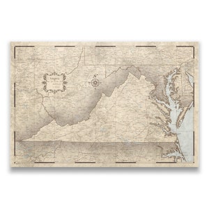 Virginia Travel Push Pin State Map - Rustic Vintage Cork Pin Board Canvas (Rustic Vintage Style)