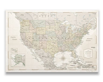 Push Pin USA Travel Map - Cork Pin Board Canvas Map (Desert Sunrise Style)