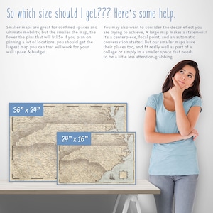 May include: Two framed vintage maps of North Carolina, one measuring 36 inches by 24 inches and the other 24 inches by 16 inches. The maps are displayed on a white table with a woman standing behind them. The text "So which size should I get??? Here's some help." is at the top of the image.