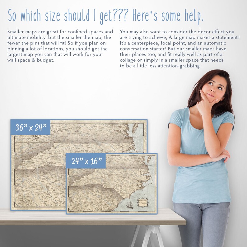 May include: Two framed vintage maps of North Carolina, one measuring 36 inches by 24 inches and the other 24 inches by 16 inches. The maps are displayed on a white table with a woman standing behind them. The text "So which size should I get??? Here's some help." is at the top of the image.