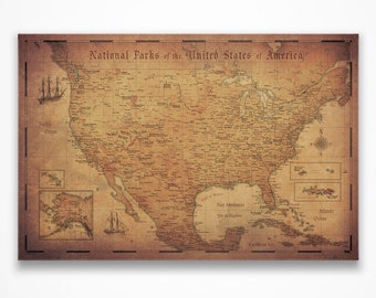 Mapa turystyczna Parków Narodowych USA z pinezką – antyczny styl piracki z epoki złota – prezent dla miłośników natury i przygód