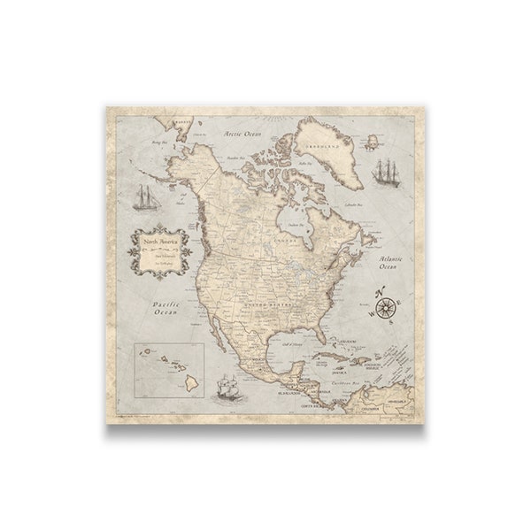North America Map Poster - Rustic Vintage Style Travel Map