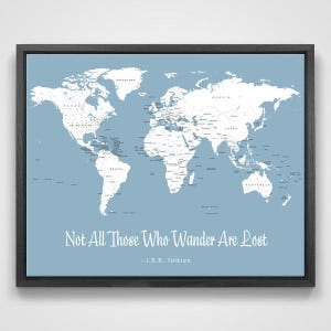 Push Pin Mini World Travel Map (Color: Mountain Mist) - Personalizable Cork Pin Board Canvas Gift