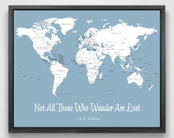 Push Pin Mini World Travel Map (Color: Mountain Mist) - Personalizable Cork Pin Board Canvas Gift