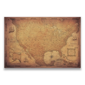 May include: An antique-style map of North America, featuring the United States, Canada, Mexico, and Cuba. The map is printed on a brown paper background with a distressed, aged look. The map includes the names of major cities, states, and provinces.
