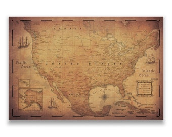 Push Pin USA Travel Map - Antique Aged Cork Pin Board Canvas  (Golden Aged Style)