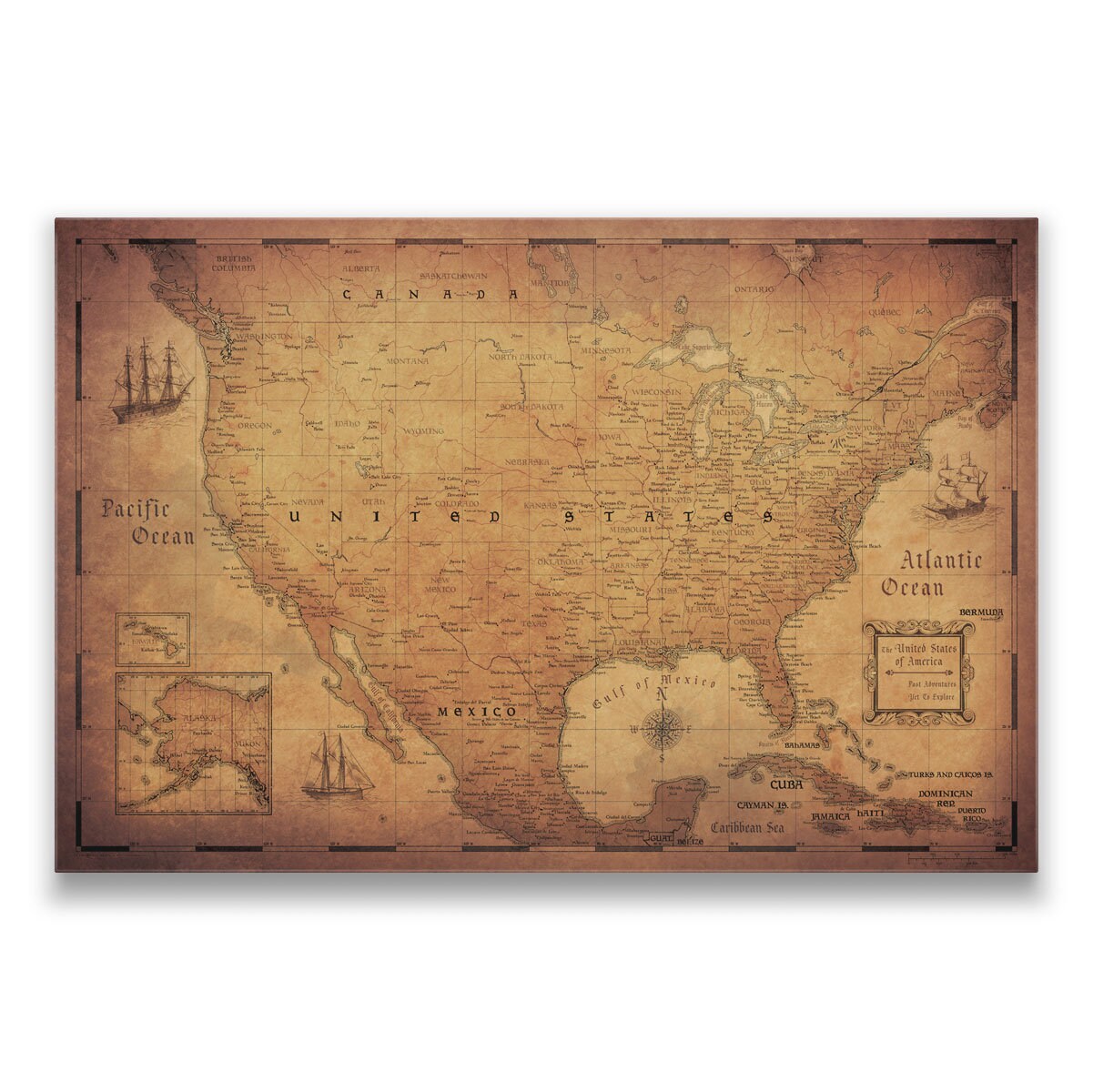 Push Pin USA Travel Map - Antique Aged Cork Pin Board Canvas  (Golden Aged Style)