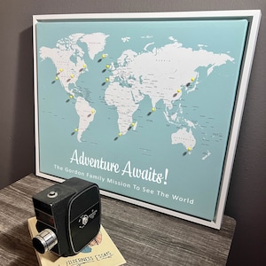 Push Pin Mini World Travel Map (Color: Ocean Breeze) - Personalizable Cork Pin Board Canvas Gift