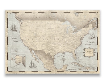 Push Pin USA Travel Map - Rustic Vintage Cork Pin Board Canvas Map