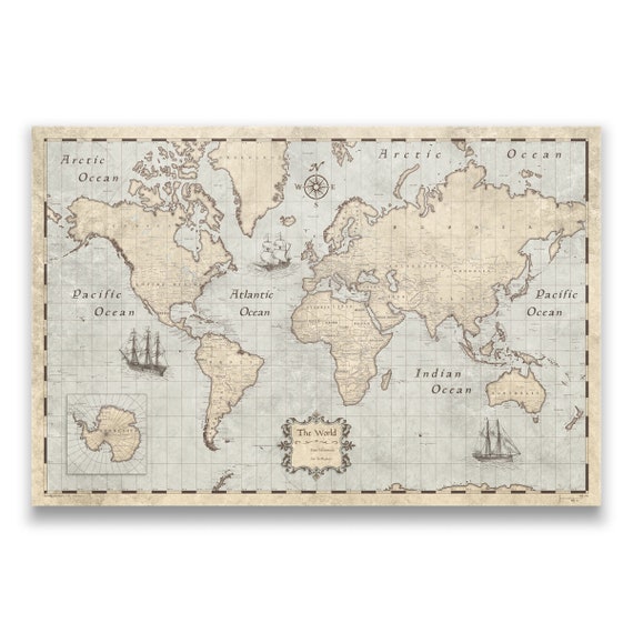 World Map Poster Rustic Vintage Style Travel Map Etsy