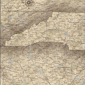 May include: A vintage style map of the southeastern United States, showing the states of North Carolina, South Carolina, Georgia, and Alabama. The map is printed on a beige background with brown lines and text. The map includes major cities, rivers, and other geographical features.