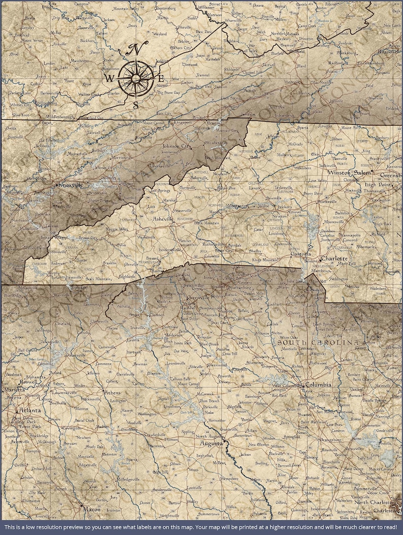 May include: A vintage style map of the southeastern United States, showing the states of North Carolina, South Carolina, Georgia, and Alabama. The map is printed on a beige background with brown lines and text. The map includes major cities, rivers, and other geographical features.