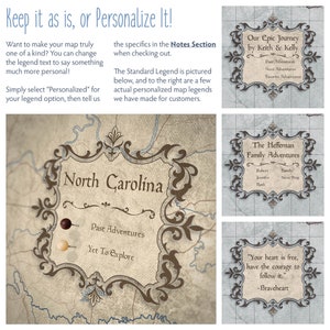 May include: A personalized map of North Carolina with a decorative frame and push pins marking past adventures and places yet to explore. The map includes the text "Our Epic Journey by Keith & Kelly" and "The Heffernan Family Adventures".