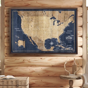 Push Pin USA Travel Map - Pin Board or Poster - Canvas Navy Blue and Tan  - Personalized Travel Gift