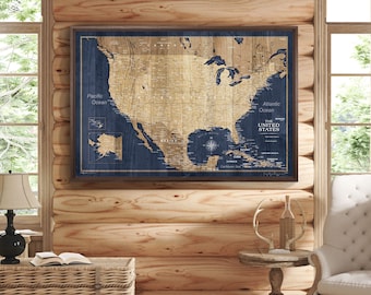 Push Pin USA Travel Map - Pin Board or Poster - Canvas Navy Blue and Tan  - Personalized Travel Gift