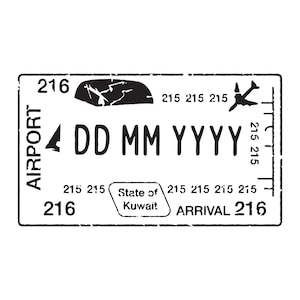 May include: Black and white airport arrival stamp with the text "AIRPORT", "216", "DD MM YYYY", "State of Kuwait", and "ARRIVAL 216".