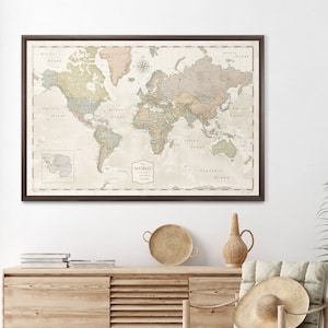 World Push Pin Travel Map - Poster or Pin Board - Beige Pastel - Gift for World Traveler - Conquest Maps