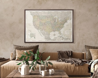 Push Pin USA Travel Map - Pin Board Canvas - Desert Sunrise Pastel - Personalized Travel Gift
