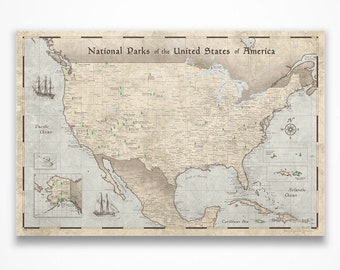 Mapa turystyczna Parków Narodowych USA z pinezką – beżowa, rustykalna, w stylu vintage – prezent dla miłośników natury i przygód