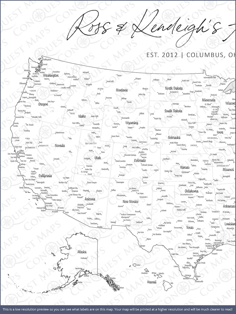 May include: A black and white map of the United States with all 50 states labeled. The map is titled "Ross & Lendeigh's" with the text "EST. 2012 | COLUMBUS, OH" below the title. The map is a low-resolution preview and will be printed at a higher resolution.