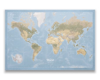 May include: A detailed world map with a blue background and brown landmasses. The map includes the names of the oceans and continents. The text "The World" is printed in the center of the map.