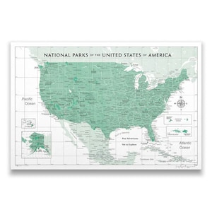 National Parks Push Pin Landkarte - Grün und Weiß - Geschenk für Naturliebhaber und Abenteurer
