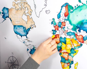Paint Your Own Push Pin World Map - Coloring Map - DIY Blank Map Wall Art - Personalizable World Map