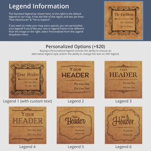 May include: Six different styles of map legends with customizable text and frames. The legends are on a brown paper background and feature the text "Your Header" with two lines of text below. The text is in a dark brown font. The legends are labeled with numbers 1 through 6.