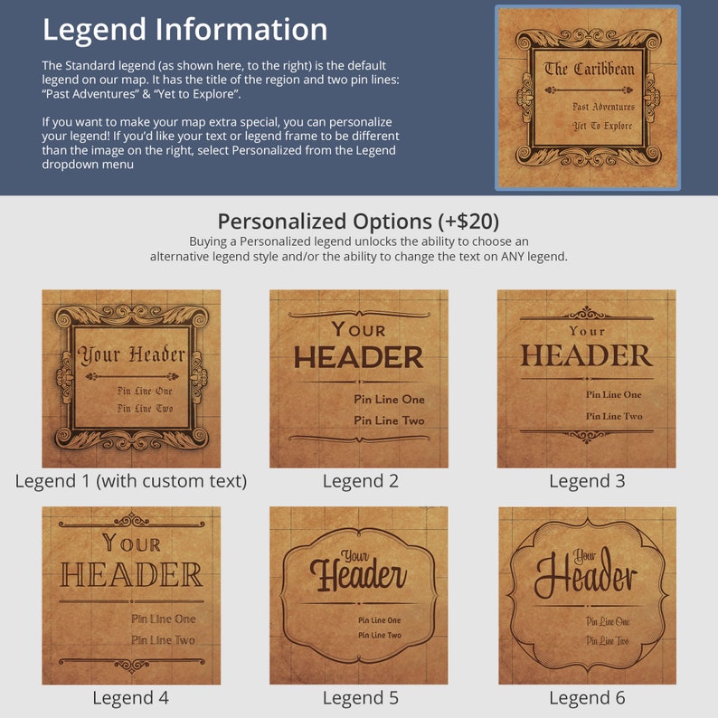 May include: Six different styles of map legends with customizable text and frames. The legends are on a brown paper background and feature the text "Your Header" with two lines of text below. The text is in a dark brown font. The legends are labeled with numbers 1 through 6.