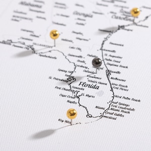 May include: A map of Florida with push pins marking various cities and towns. The push pins are gold and silver.