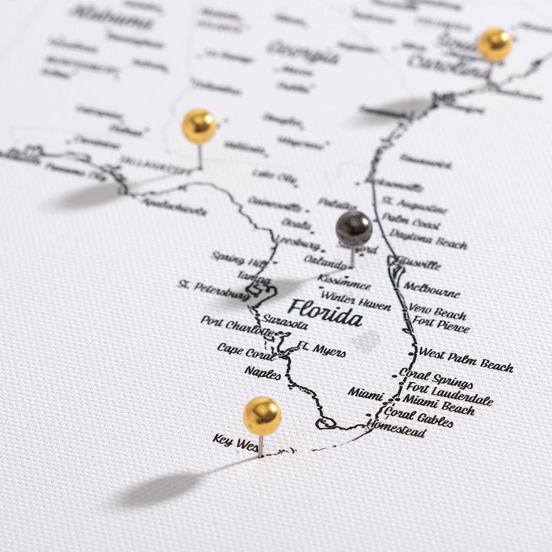 May include: A map of Florida with push pins marking various cities and towns. The push pins are gold and silver.
