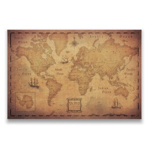 May include: A vintage-style world map print with a sepia tone. The map features detailed continents, oceans, and illustrations of sailing ships. The text "The World" is displayed in a decorative frame, with the oceans labeled.