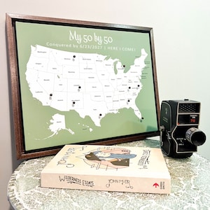 Push Pin Mini USA Travel Map (Color: Olive) - Personalizable Cork Pin Board Canvas Gift