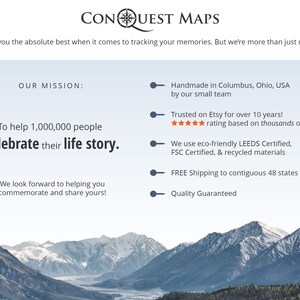 May include: A website screenshot for a company called Conquest Maps. The company's mission is to help people celebrate their life story. The website lists the company's values, including handmade in Columbus, Ohio, USA, trusted on Etsy for over 10 years, eco-friendly materials, free shipping to contiguous 48 states, and quality guaranteed.