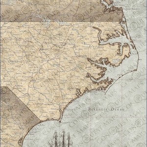 May include: A vintage-style map of the US states of Virginia and North Carolina, with a detailed outline of the coastline and major cities labeled. The map is printed on a beige background with brown lines and text. A small sailboat is shown in the bottom right corner of the map, sailing on the Atlantic Ocean.