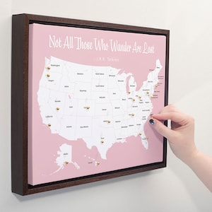 Push Pin Mini USA Travel Map (Color: Rose Quartz) - Personalizable Cork Pin Board Canvas Gift