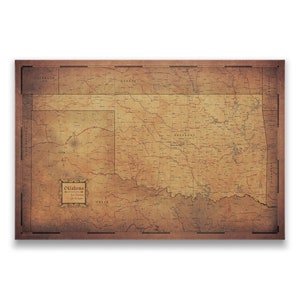 Oklahoma Travel Push Pin State Map - Antique Aged Cork Pin Board Canvas (Golden Aged Style)