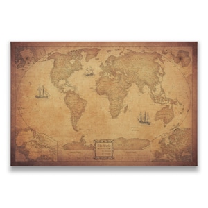 World (Winkel Tripel) Map Travel Pin Board - Antique Aged Cork Push Pin Canvas (Golden Aged Style)