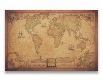 World (Winkel Tripel) Map Travel Pin Board - Antique Aged Cork Push Pin Canvas (Golden Aged Style)