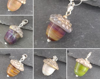 Acorn Clip on Charms, lampwork glass and sterling silver - Flora Collection